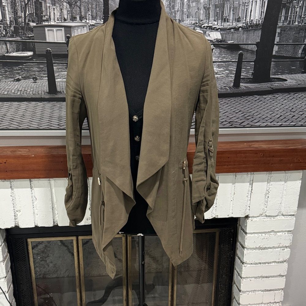 Zara olive green Jacket draped collar drawstring  waist roll-tab sleeve small